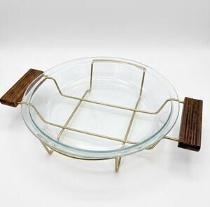 Pyrex Gold Tone Metal Stand Wooden Handles Cradle 8 Inch Holder Vintage
